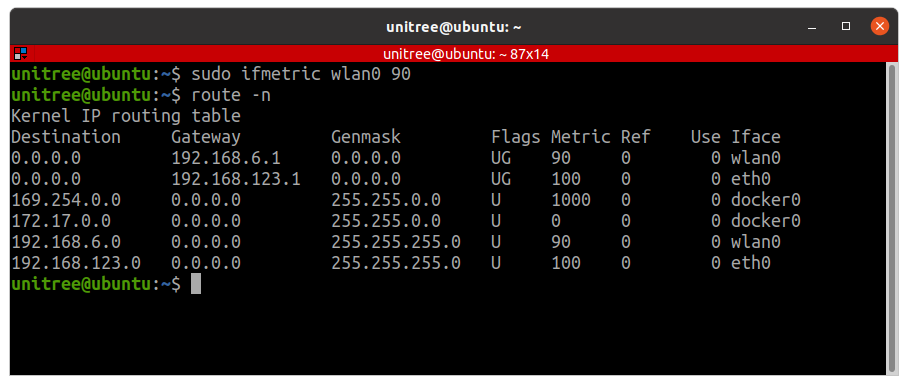 route -n 修改后 — wlan0 metric=90 优先